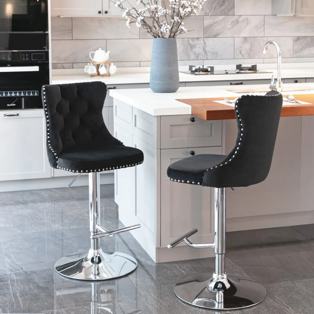 4x Height Adjustable Swivel Bar Stool Velvet Studs Barstool with Footrest and Chromed Base- Black