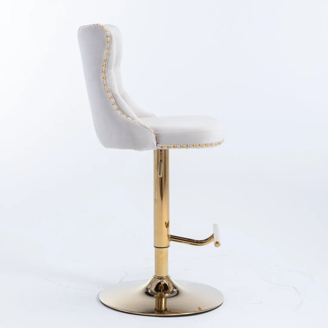 4x Height Adjustable Swivel Bar Stool Velvet Studs Barstool with Footrest and Golden Base- Beige