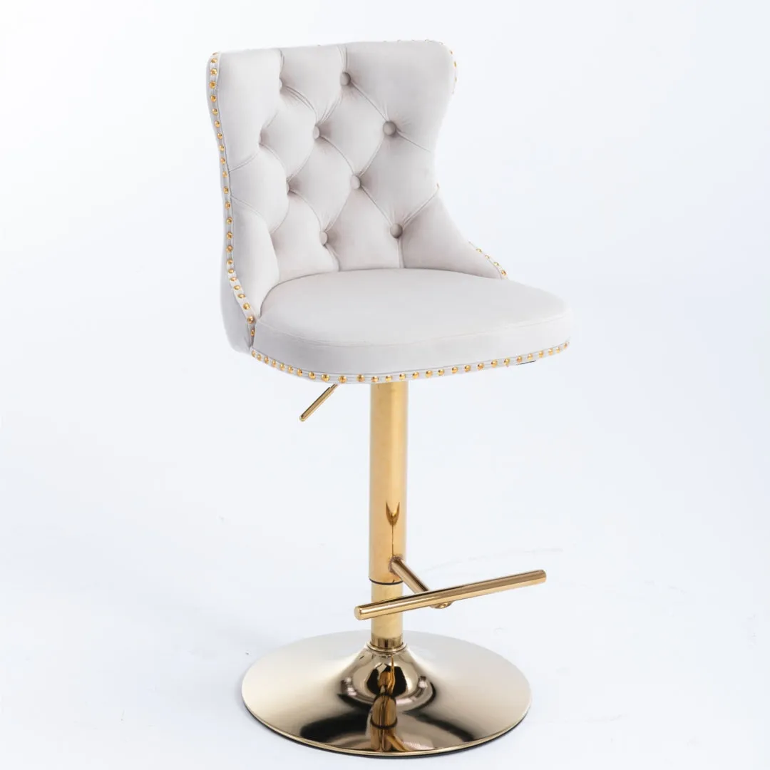 4x Height Adjustable Swivel Bar Stool Velvet Studs Barstool with Footrest and Golden Base- Beige