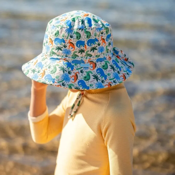 Acorn Kids: Wide Brim Swim Bucket Hat Prehistoric Natural Blue Orange