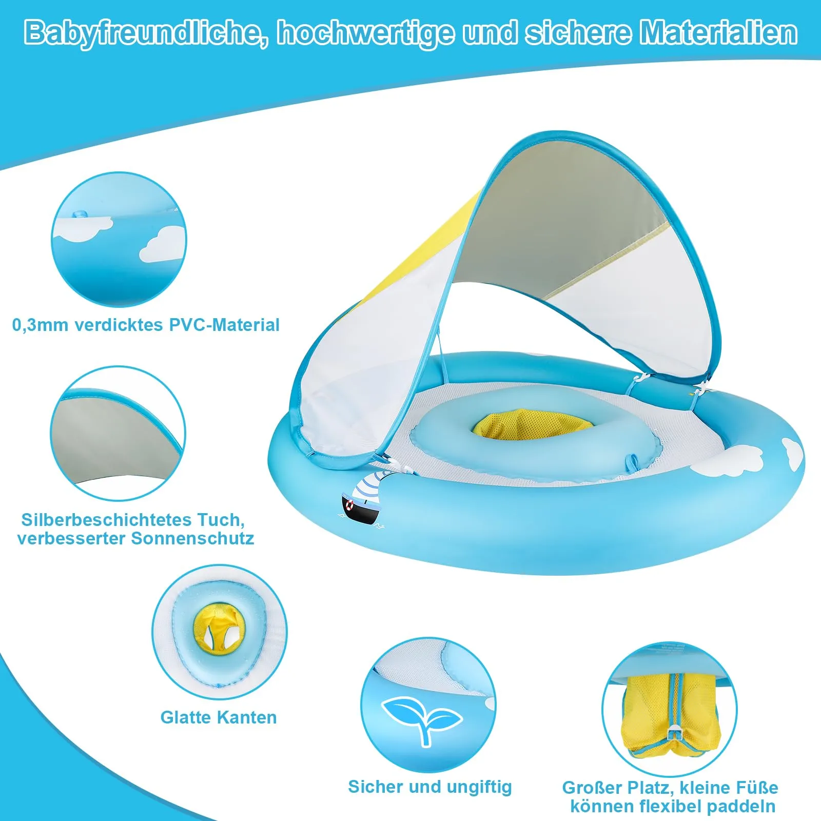 Baby swimming ring with adjustable safety seat, baby swimming float with double airbag design