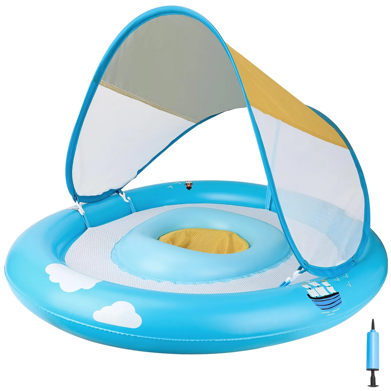 Baby swimming ring with adjustable safety seat, baby swimming float with double airbag design
