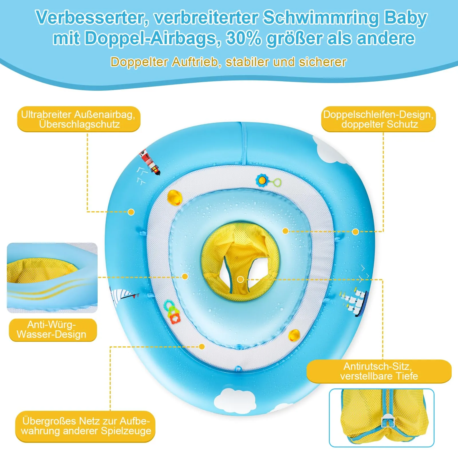 Baby swimming ring with adjustable safety seat, baby swimming float with double airbag design