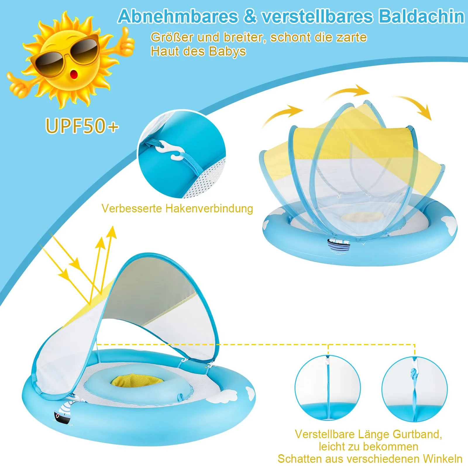 Baby swimming ring with adjustable safety seat, baby swimming float with double airbag design