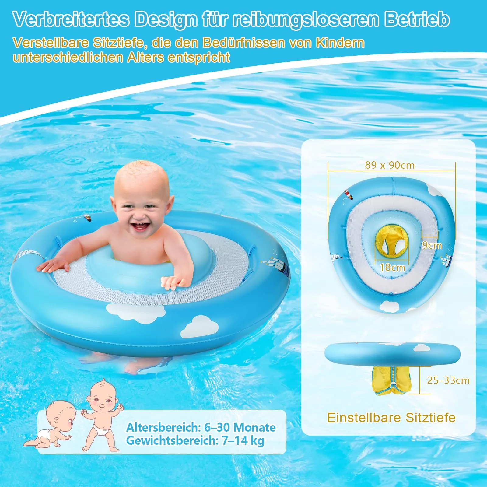 Baby swimming ring with adjustable safety seat, baby swimming float with double airbag design