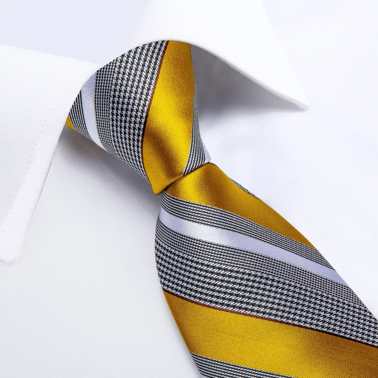 Grey Yellow Striped Tie Pocket Square Cufflinks Set with Spacious Ring