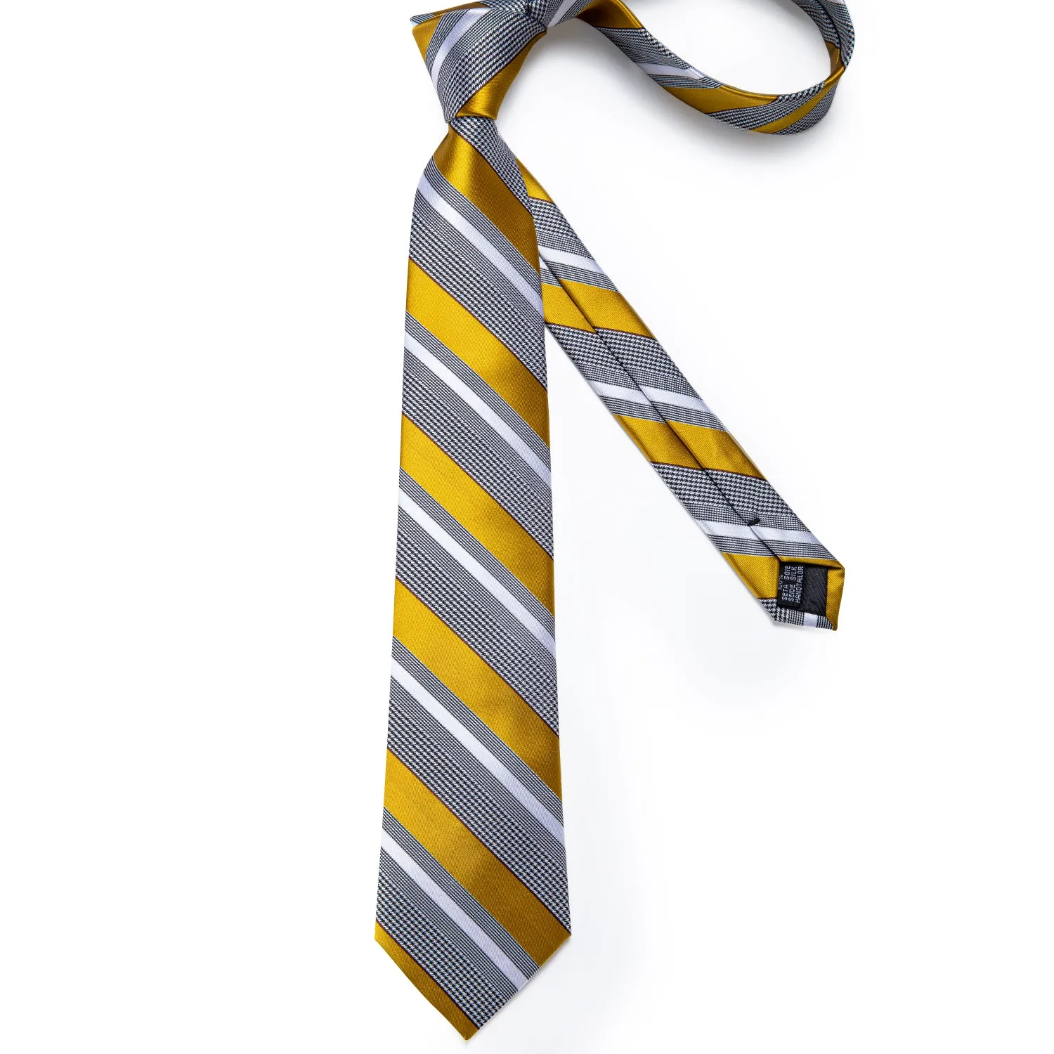 Grey Yellow Striped Tie Pocket Square Cufflinks Set with Spacious Ring