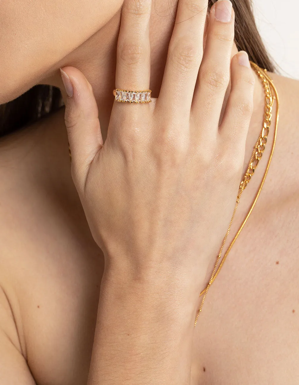 Waterproof Gold Plated Stainless Steel Baguette Cubic Zirconia Ring